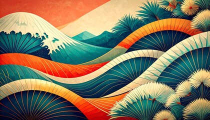 A vibrant Japanese-inspired landscape art with Mount Fuji, waves, and tropical plants in a retro style.