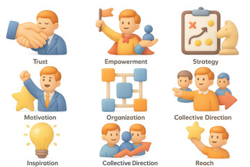 Cute 3d business icons featuring teamwork, motivation, and strategy