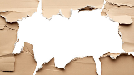 Torn and Rough Edged Brown Cardboard Piece with Visible Fibers Isolated on White Background