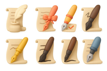 Elegant quill and ink pen icons with scrolls in soft 3d design