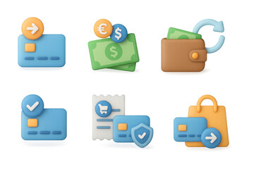 Colorful 3d icons of banking transactions and shopping elements