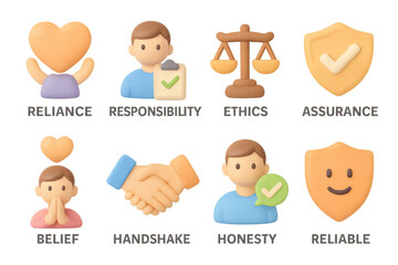 3d emoji characters representing ethics, responsibility, and trust values