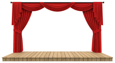 Theater stage with open red curtains and wooden floor isolated PNG with Transparent Background