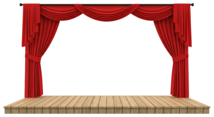 Theater stage with open red curtains and wooden floor isolated PNG with Transparent Background