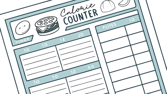 A hand drawn illustration of a calorie counter chart with sections for tracking food intake and calorie counts for meals and snacks