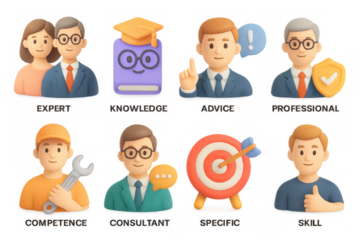 Cartoon style characters representing professions and attributes