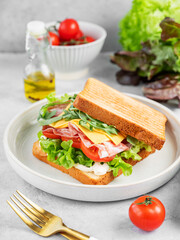 Sandwich of toast bread with bacon, cheese, tomatoes, lettuce, arugula and sauce in a plate on a light background