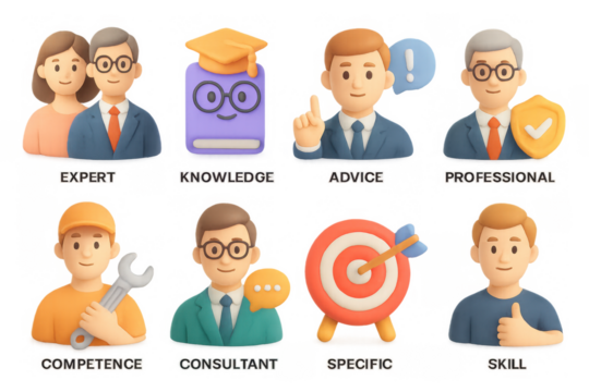 Cartoon style characters representing professions and attributes
