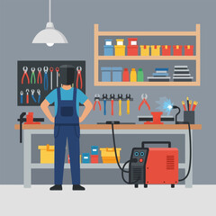 Welder in Blue Overalls Standing in Workshop with Tools and Equipment