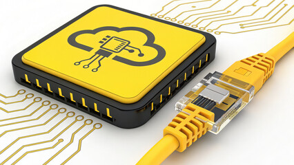 Cloud technology connects network devices with yellow cable symbolizing memory storage and data transfer efficiency