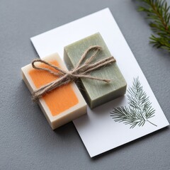 Fototapeta premium Two handmade soaps, orange and green, tied with twine on a card, with a sprig of pine