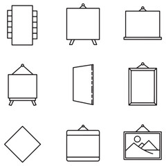 Simple minimalist outline illustrations of presentation boards, tables, and pictures for design concepts