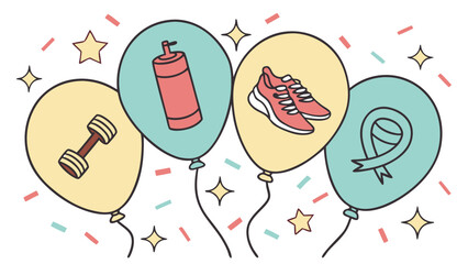 Celebration of health and fitness with balloons featuring dumbbells water bottle running shoes and awareness ribbon