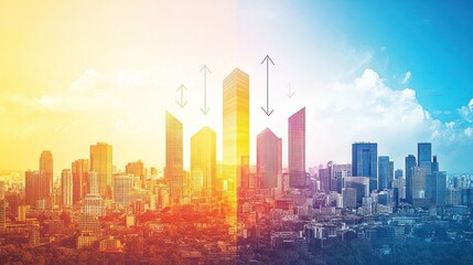 City skyline, vibrant colors, upward arrows, modern buildings