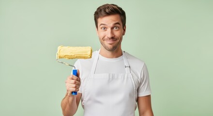 Man in Apron Holding a Paint Roller Covered in Butter