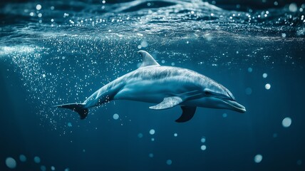 Fototapeta premium A dolphin swims freely in the ocean, surrounded by bubbles and sunlight filtering through the water.