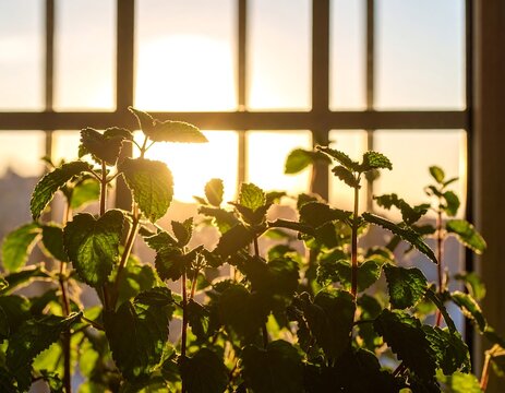 Sunlight streams through window onto mint plants - Powered by Adobe
