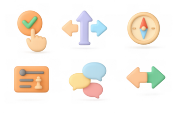 Glowing neon style icons: navigation, dialogue, settings, and directional arrows