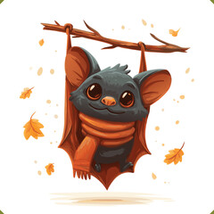 Fototapeta premium Vector illustration of a cute bat with scarf, surrounded by autumn leaves, cozy style, perfect for seasonal design, isolated on white background