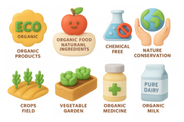 Organic eco products and natural ingredients icons with 3d soft cartoon style