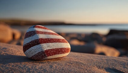 Painted rock with US flag design on beach at dawn