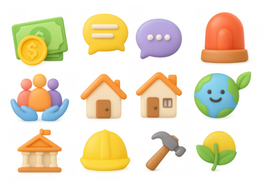 3d clay style icons: finance, communication, home, earth, construction, community - Powered by Adobe