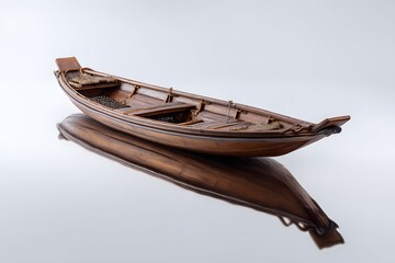 Serene, handcrafted wooden sampan glides softly on tranquil, earthy-toned waters.