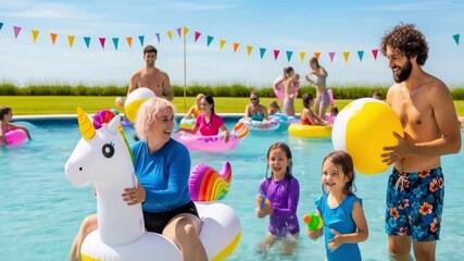 Cool and funny image of a joyful family enjoying at a beach waterpark , playing with beach balls, water guns, and colorful inflatables. Perfect for advertising vacations, summer travel, outdoor fun - Powered by Adobe