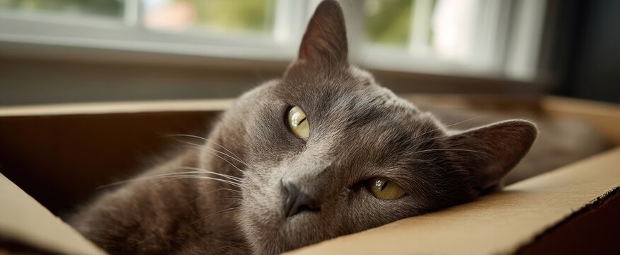 The gray cat relaxing comfortably in a cardboard box by the window.