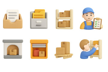 3d warehouse icons: inventory management and logistics elements in soft colors