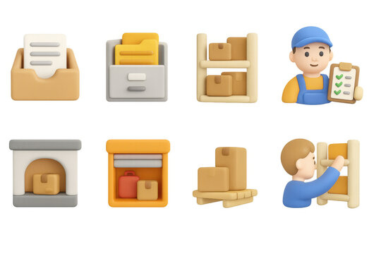 3d warehouse icons: inventory management and logistics elements in soft colors