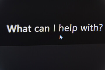 Mouse cursor hovering over the AI assistant prompt What can I help with on a dark digital interface