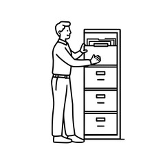 Man in shirt and pants reaching into a filing cabinet with folders and drawers in a line drawing style