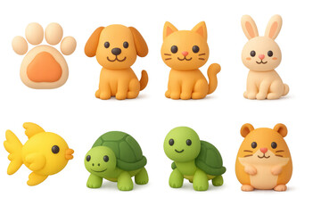 Cute clay animal figurines with smooth gradient background