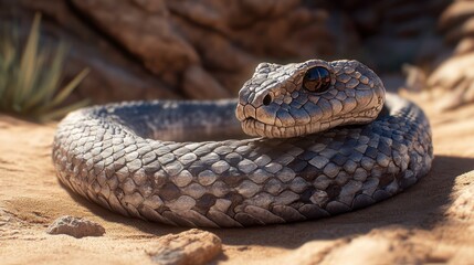 Obraz premium Close-up of a silver snake coiled on desert sand