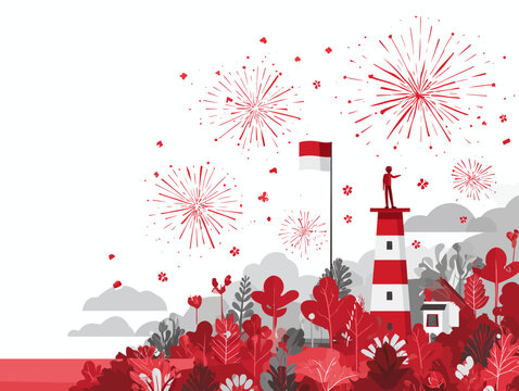 A person on a tower with an Indonesian flag watches celebratory fireworks over a red forest during a national holiday.

