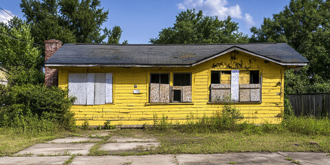 Dilapidated yellow house with boarded windows on a sunny day Generative AI