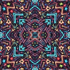 Intricate, colorful, symmetrical design with stars and arrows.
