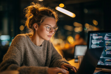 Kobieta pracująca zdalnie w branży IT, skupiona przed laptopem, w nowoczesnym domowym biurze, korzystająca z technologii w komfortowym otoczeniu.