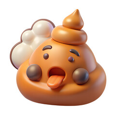 3d poop emoji character with silly face and smoke cloud on transparent background
