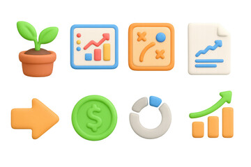 3d business and growth icons with charts, strategies, and financial symbols