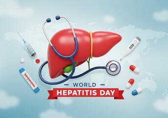 World hepatitis day awareness campaign featuring a realistic human liver model adorned with a stethoscope and medical supplies against a cloudy sky backdrop