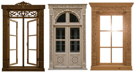 Set of Three Isolated Traditional Antique Carved Wooden Window and Door Architectural Frames isolated PNG with Transparent Background