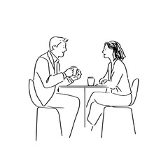 Man and woman at a table having coffee and conversation in a black and white line drawing illustration