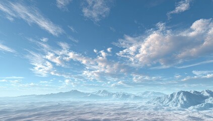 Fototapeta premium Vast, serene landscape of puffy clouds, pale mountains, and a light blue sky