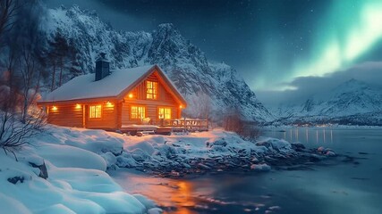 Cozy wooden cabin illuminated by warm lights, surrounded by snowy mountains and a starry sky with northern lights - Powered by Adobe