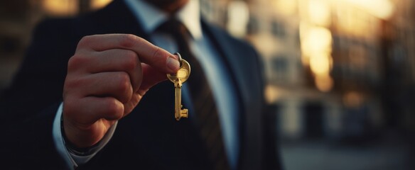 The elegant businessman holding a key symbolizing success and opportunity in life.