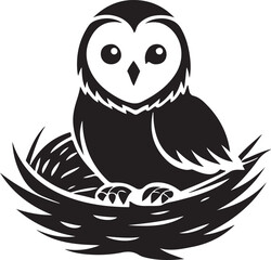 Adorable fluffy barn owl chick nestled in a rustic wooden nest isolated on transparent background