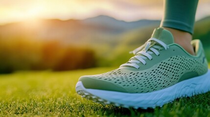 Green running shoe on grass during sunset in a serene outdoor landscape