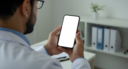 Male doctor gp physician holding mobile cell phone in hands looking at white blank empty mockup smartphone screen working in hospital. Ehealth apps technology mock up concept. Over shoulder view